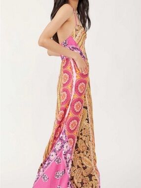Free People Miranda Pink & Gold Patchwork Maxi Jumpsuit